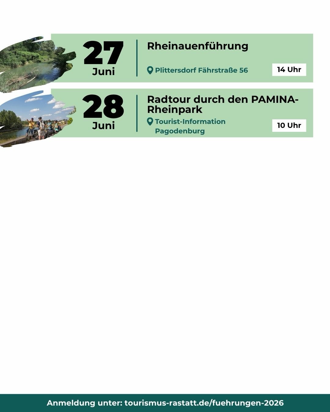 Am 27. Juni Rheinauenführung in Plittersdorf, Fährstraße 56, um 14 Uhr. Am 28. Juni Radtour durch den PAMINA-Rheinpark, Treffpunkt Tourist-Information Pagodenburg, um 10 Uhr. Anmeldung unter tourismus-rastatt.de/fuehrungen-2026. (KI-Alternativtext)
