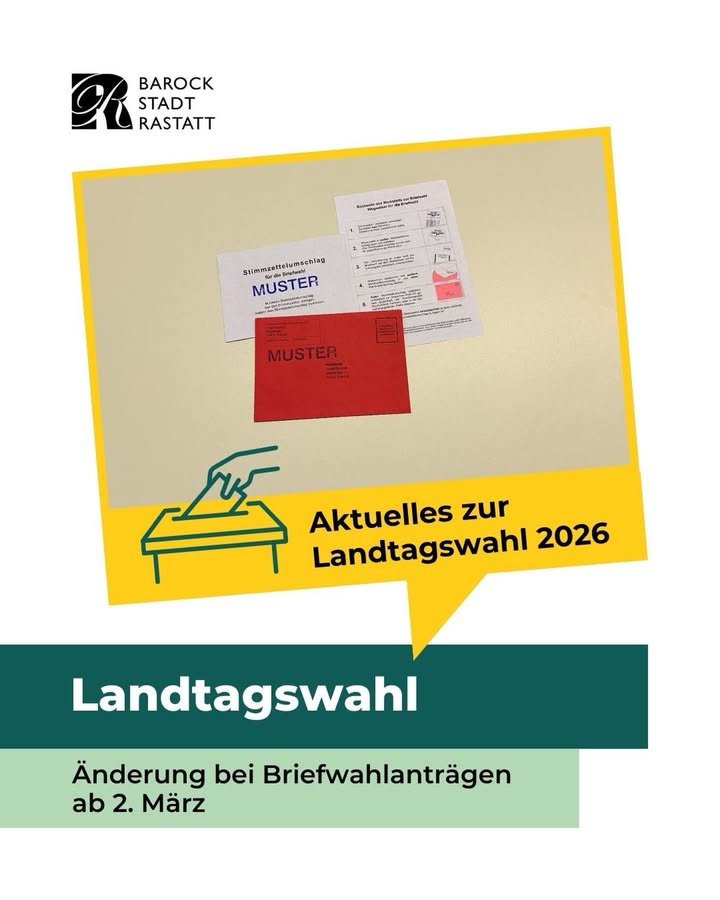 Dieser Alternativtext wurde KI-generiert: Ein farbiges Plakat mit Informationen zur Landtagswahl, einschließlich eines Beispiels für ein Wahlformular und Hinweisen zu Änderungen bei Briefwahlanträgen.