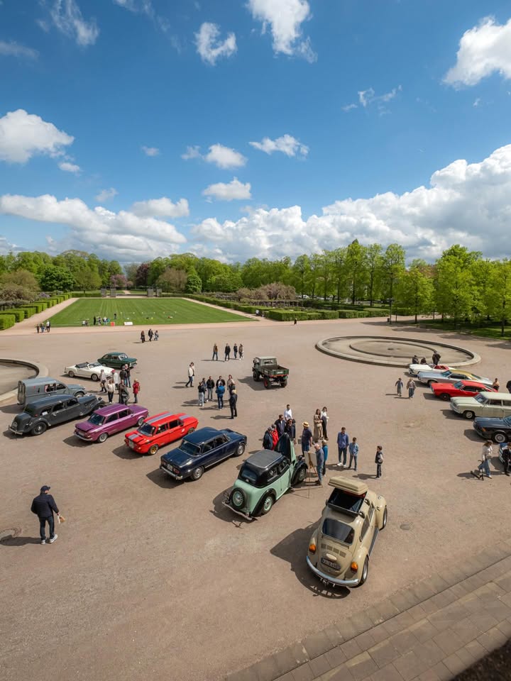 Dieser Alternativtext wurde KI-generiert: Ein großer Platz mit mehreren Fahrzeugen und einigen Personen. Im Hintergrund sind Bäume und ein klarer, blauer Himmel mit Wolken zu sehen.