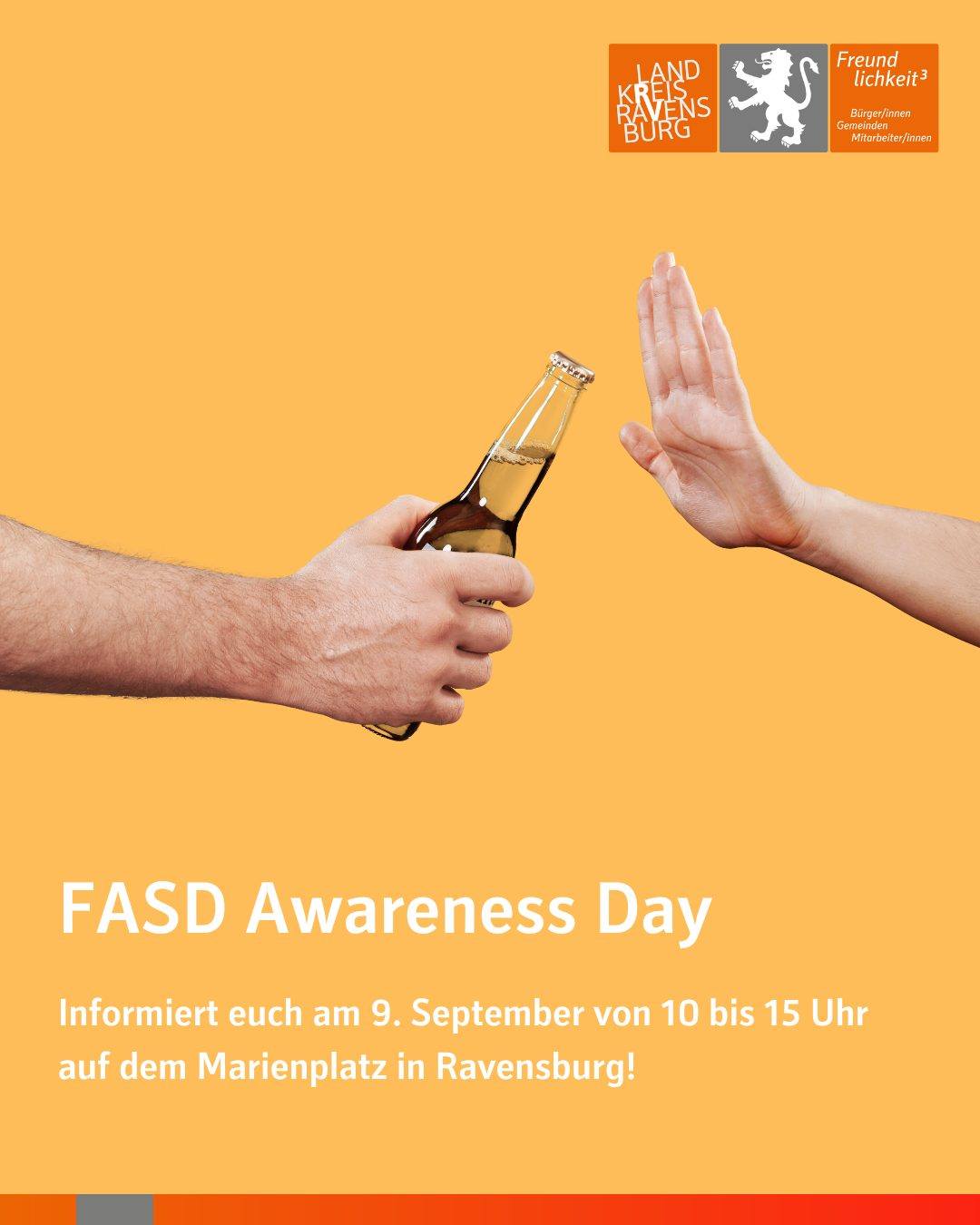 Dieser Alternativtext wurde KI-generiert: Einfarbiges, orange-gelbes Bild mit einer Hand, die eine Bierflasche hält, und einer zweiten Hand, die eine Geste zeigt. Darunter befindet sich ein Text zur Sensibilisierung für ein Thema und ein Datum mit Veranstaltungsort.