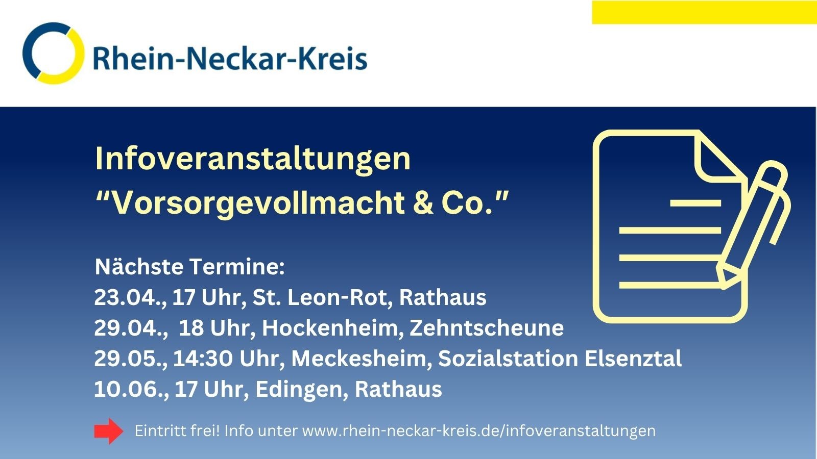 Dieser Alternativtext wurde KI-generiert: Schild in Blautönen mit Informationen zu Informationsveranstaltungen zum Thema Vorsorgevollmacht. Es sind Termine und Orte aufgeführt, sowie ein Hinweis auf kostenlosen Eintritt und eine Webseite.