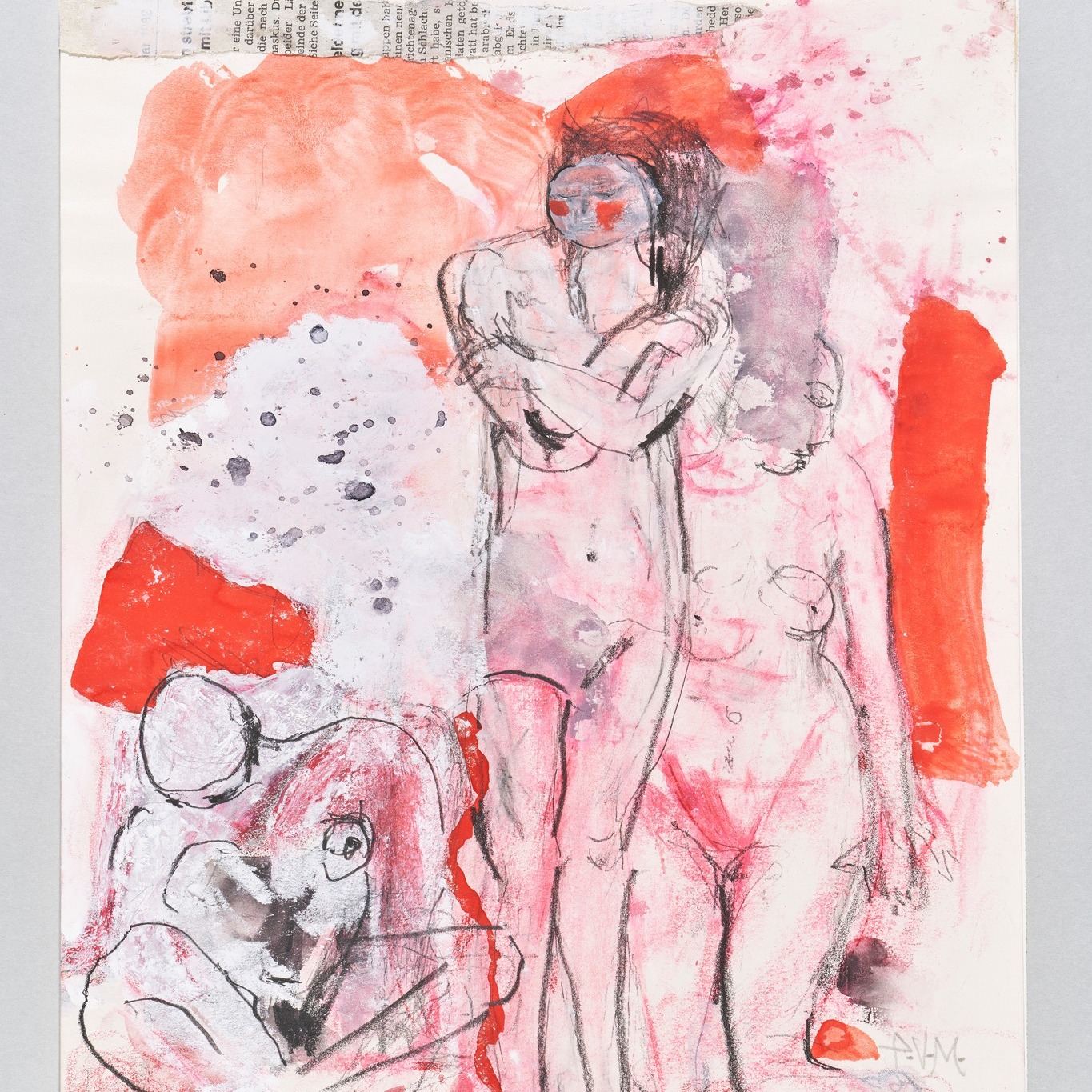 Dieser Alternativtext wurde KI-generiert: Ein abstraktes, handgemaltes Bild in Rot- und Grautönen. Es zeigt schemenhafte Formen, die an eine menschliche Figur und ein Tier erinnern.