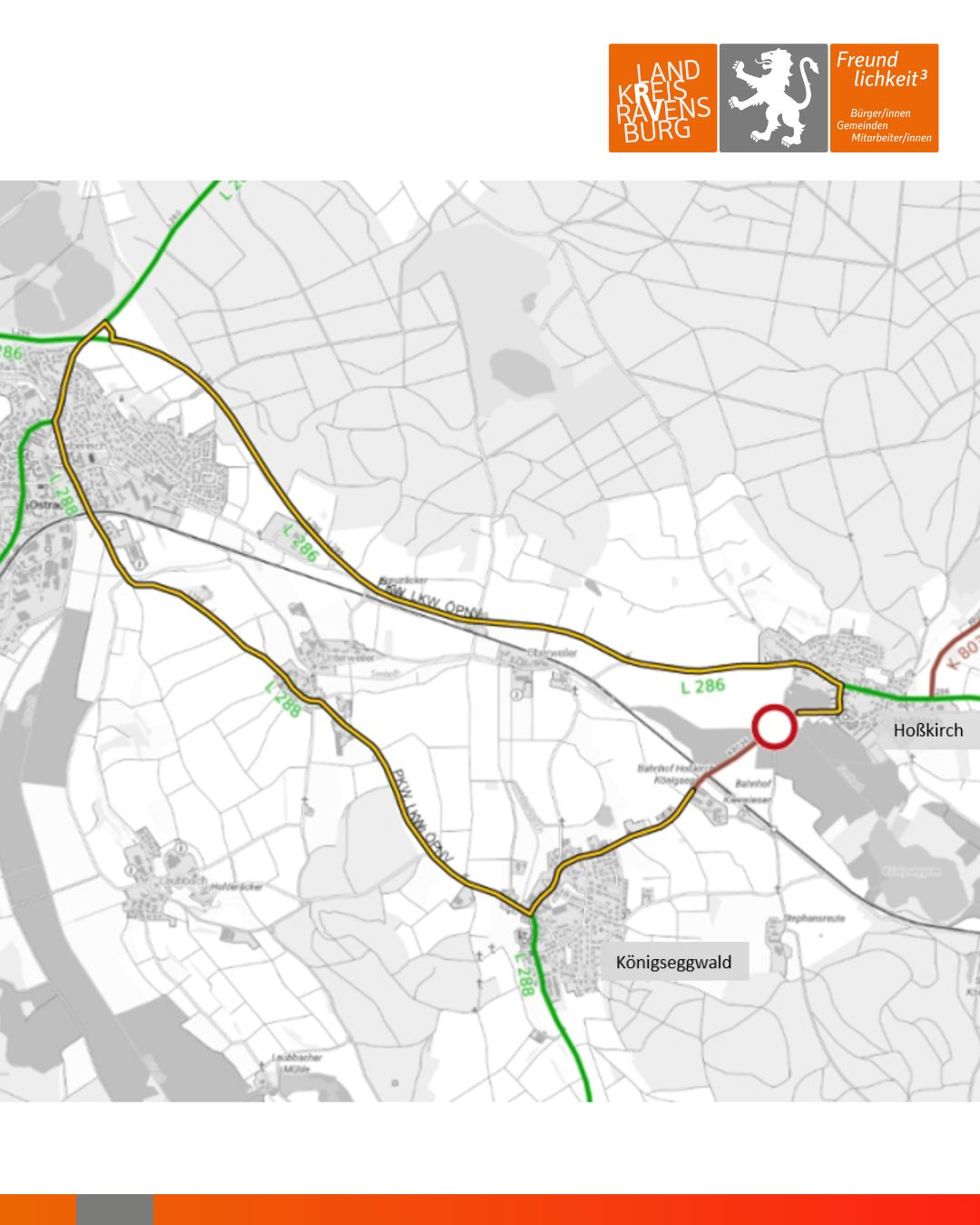 Karte mit Straßen und Orten. Ein Kreis markiert eine einzelne Stelle.