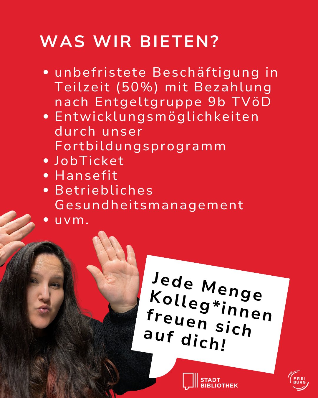 Dieser Alternativtext wurde KI-generiert: Ein farbiges Plakat mit weissem Text bewirbt Jobangebote. Eine Person mit roten Haaren macht eine Geste mit den Händen.