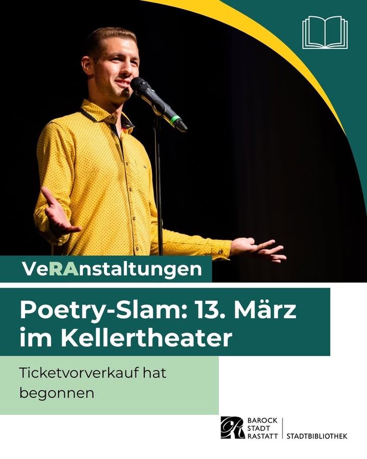 Dieser Alternativtext wurde KI-generiert: Ein farbiges Plakat kündigt eine Veranstaltung an. Es zeigt eine Person, die in ein Mikrofon spricht, und informiert über einen Poetry-Slam im Kellertheater am 13. März.