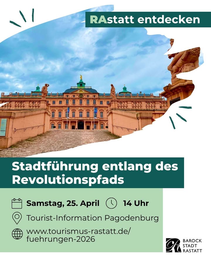 Dieser Alternativtext wurde KI-generiert: Ein farbiges Plakat zeigt eine Stadtansicht mit einem Schloss und einer Statue. Unter dem Bild stehen Informationen zu einer Stadtführung am 25. April.