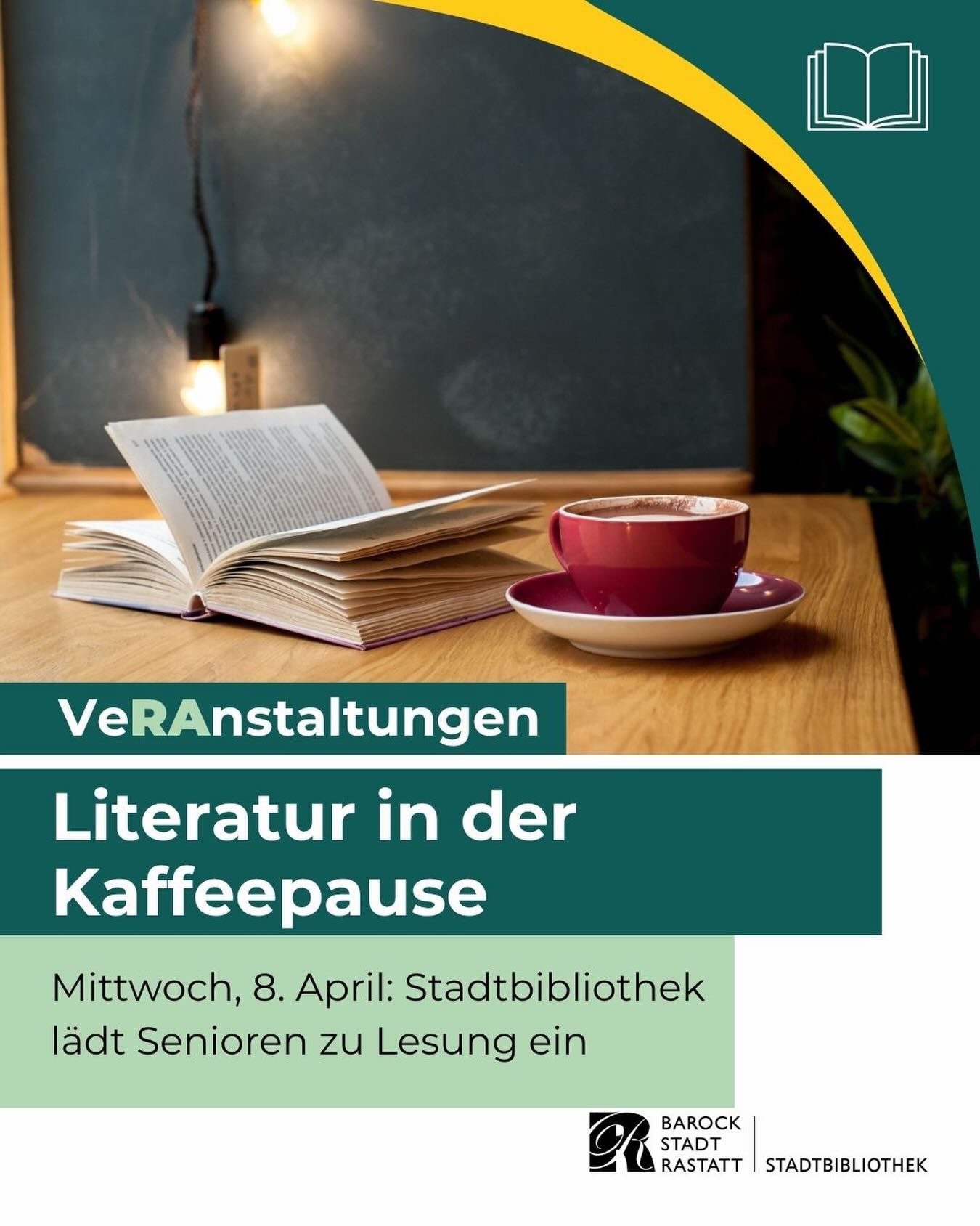 Dieser Alternativtext wurde KI-generiert: Ein Werbeflyer in Grün und Türkis bewirbt eine Literaturveranstaltung mit Lesung. Auf dem Flyer ist ein geöffnetes Buch auf einem Tisch abgebildet.