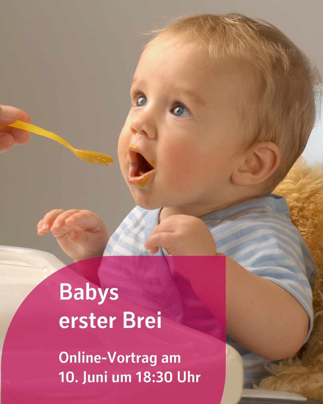Zu sehen ist ein kleines Kind, welches Brei gefüttert bekommt. Bildtext: Babys erster Brei. Online-Vortrag am 10. Juni um 18:30 Uhr.