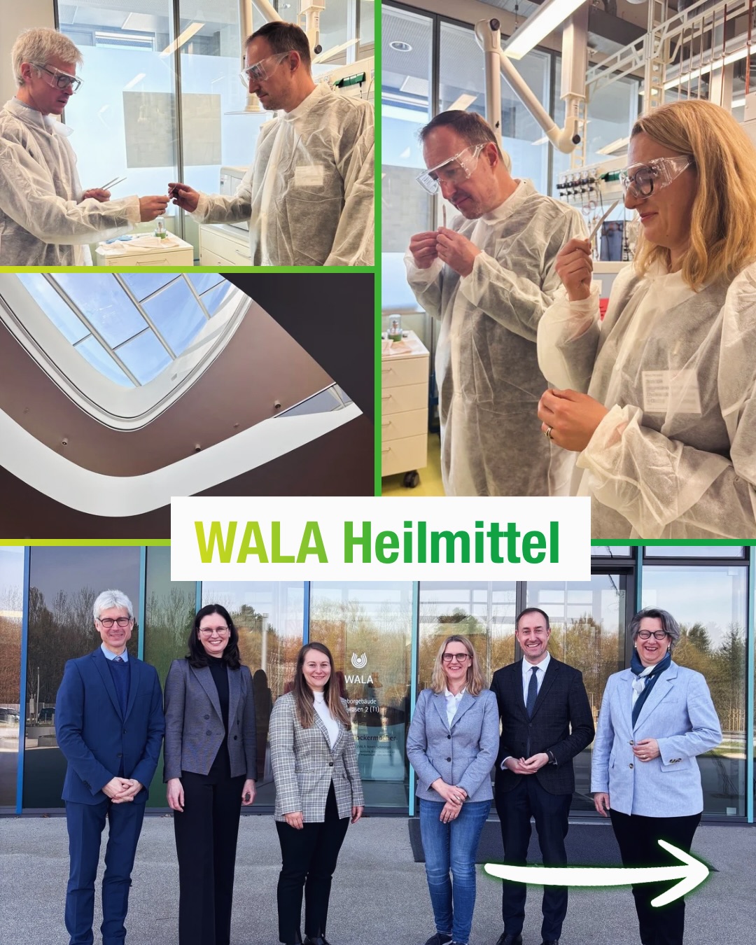 Dieser Alternativtext wurde KI-generiert: Eine Collage zeigt Innenaufnahmen eines Gebäudes und Menschen in Schutzanzügen bei der Arbeit. Darunter befindet sich eine Aufnahme einer Gruppe von Personen vor dem Gebäude.