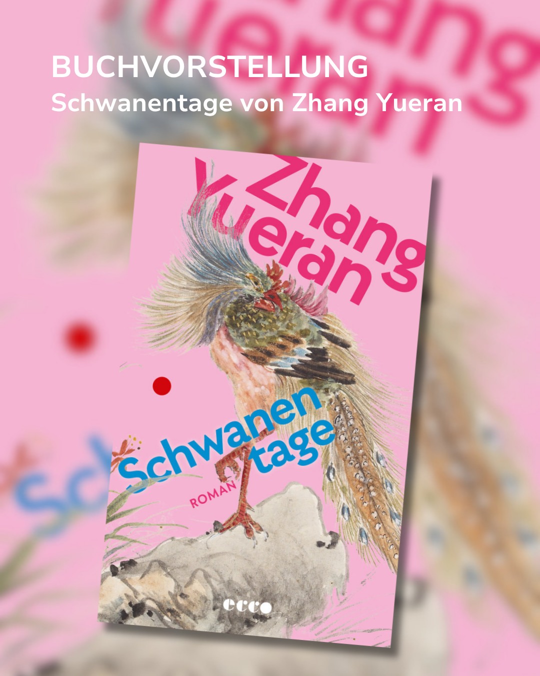 Buchcover des Romans „Schwanentage“ von Zhang Yueran mit Illustration eines farbenfrohen Vogels auf rosa Hintergrund; darüber der Text „BUCHVORSTELLUNG Schwanentage von Zhang Yueran“. (KI-Alternativtext)