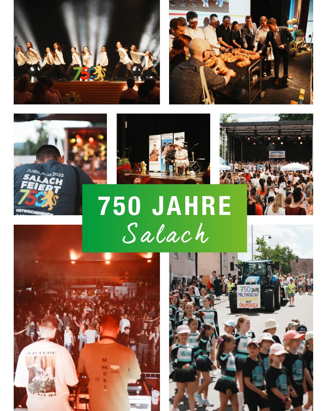 Dieser Alternativtext wurde KI-generiert: Eine Collage aus verschiedenen Bildern zeigt eine Stadtfeier mit Menschenmassen, Bühnen und Bannern. Die Aufnahmen wurden sowohl bei Tageslicht als auch am Abend gemacht.