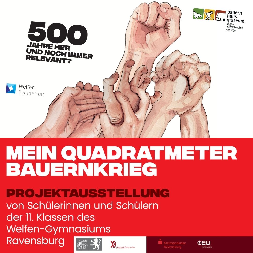 Dieser Alternativtext wurde KI-generiert: Ein farbenfrohes Plakat kündigt eine Ausstellung zum Bauernkrieg an, die von Schülerinnen und Schülern gestaltet wurde. Es zeigt Hände, die ein Quadrat bilden, und den Schriftzug 'Mein Quadratmeter Bauernkrieg'.