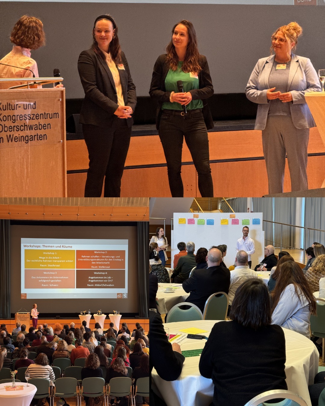 zu sehen sind im oberen Bild die Integrationsbeauftragten des Landkreises. Unten links ist die Auflistung der Workshops zu sehen. Unten rechts ist eines der Workshops zu sehen.