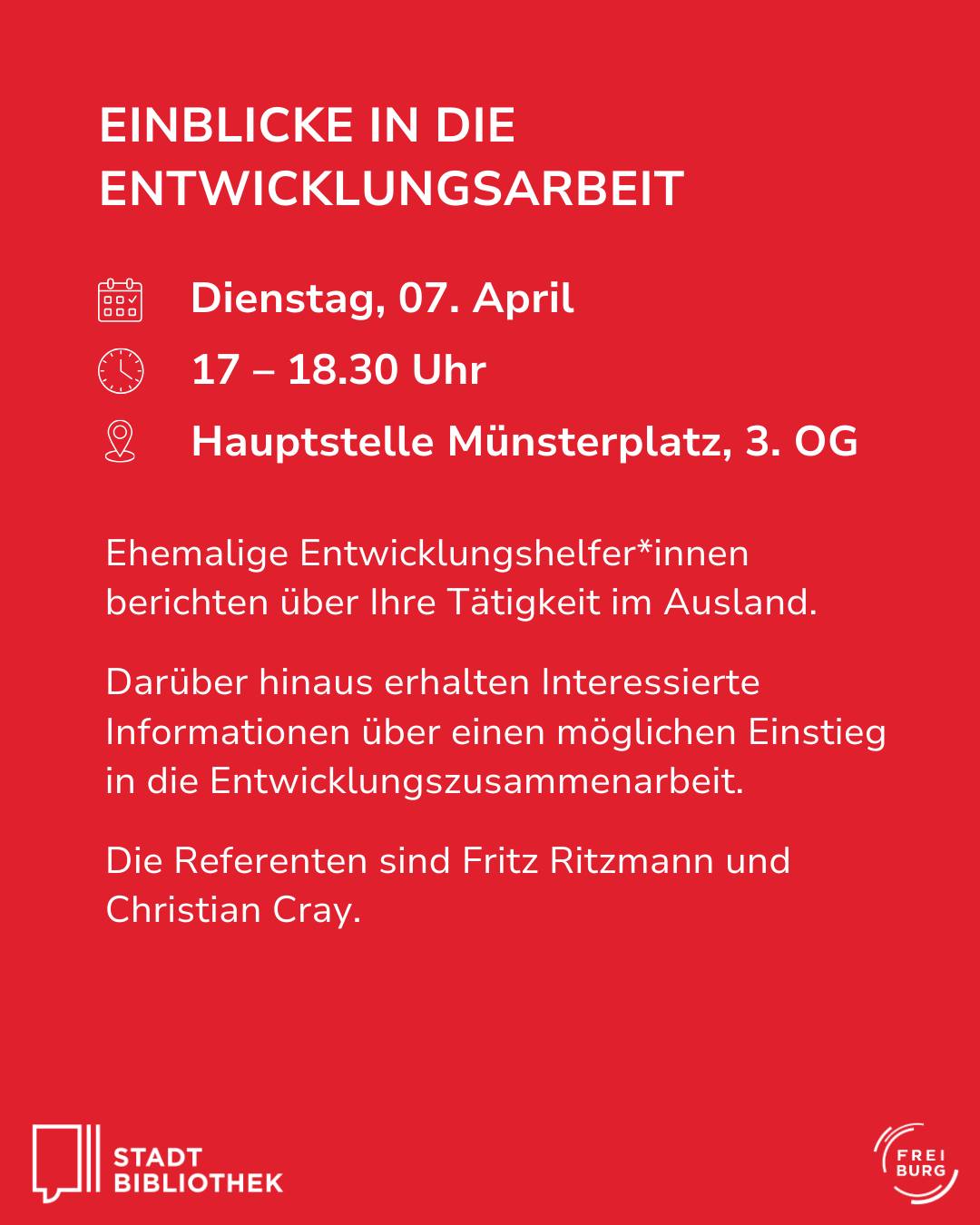 Dieser Alternativtext wurde KI-generiert: Ein roter Hintergrund zeigt Veranstaltungsinformationen in weißer Schrift. Es werden Datum, Uhrzeit und Ort einer Veranstaltung sowie ein kurzer Text genannt.