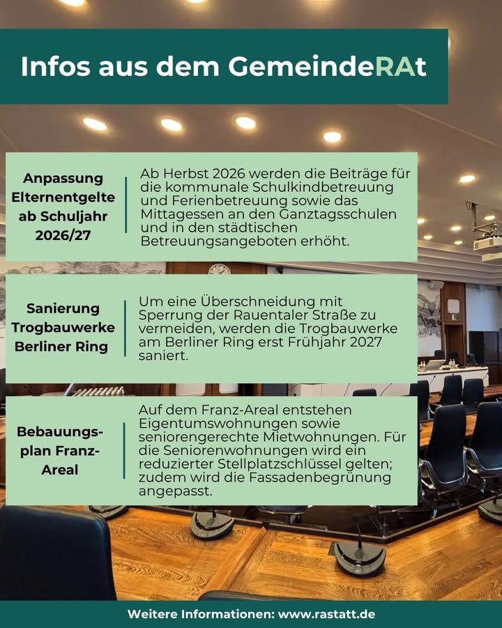 Dieser Alternativtext wurde KI-generiert: Informationstafel mit Ankündigungen und Details zu kommunalen Projekten. Die Tafel ist farbig gestaltet und enthält Text und Illustrationen zu Themen wie Schulkindbetreuung und Bauvorhaben.