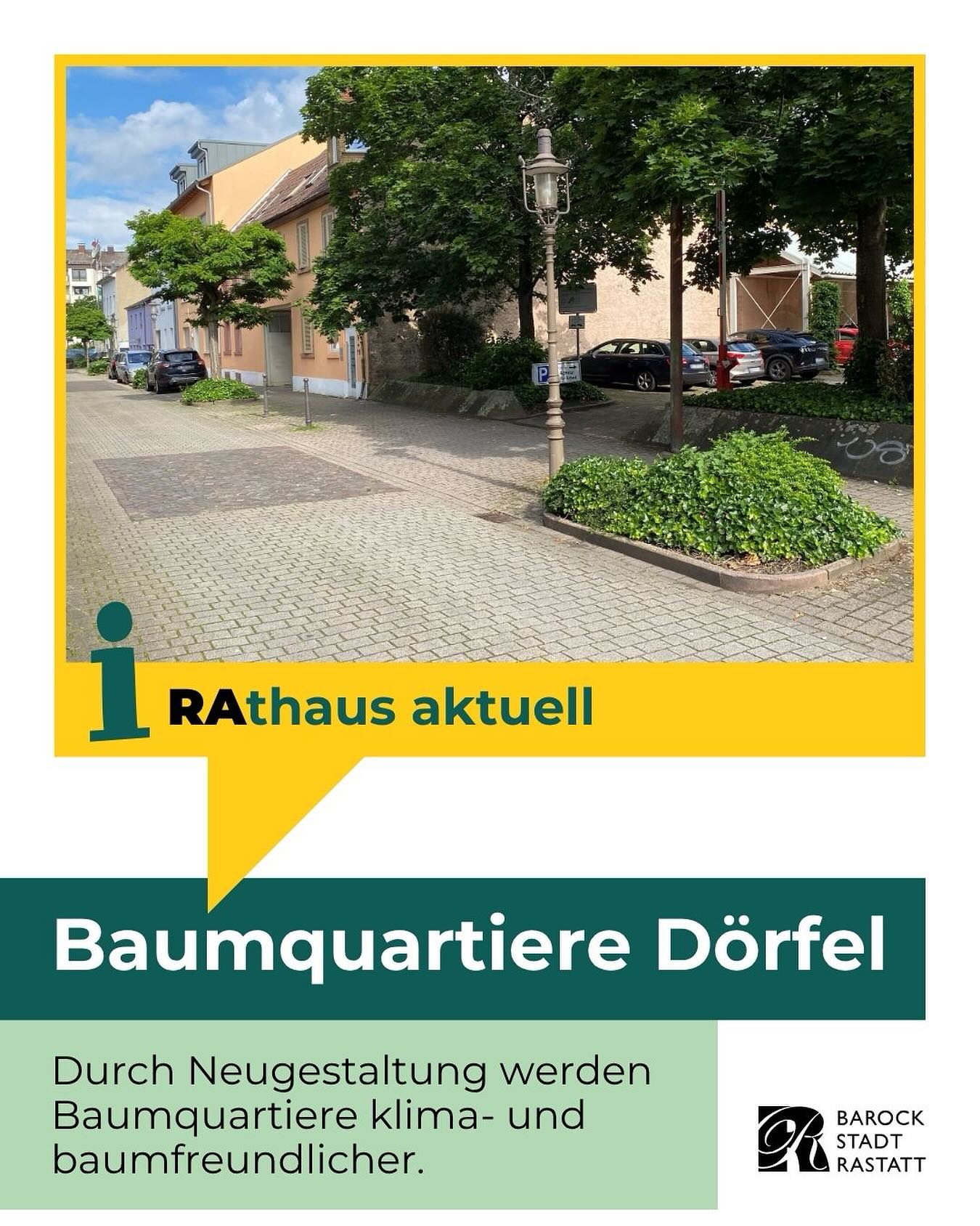 Dieser Alternativtext wurde KI-generiert: Ein farbiges Bild zeigt eine Straßenecke mit Bäumen, Autos und Gebäuden. Im unteren Bereich befindet sich Text mit Informationen über Baumquartiere.
