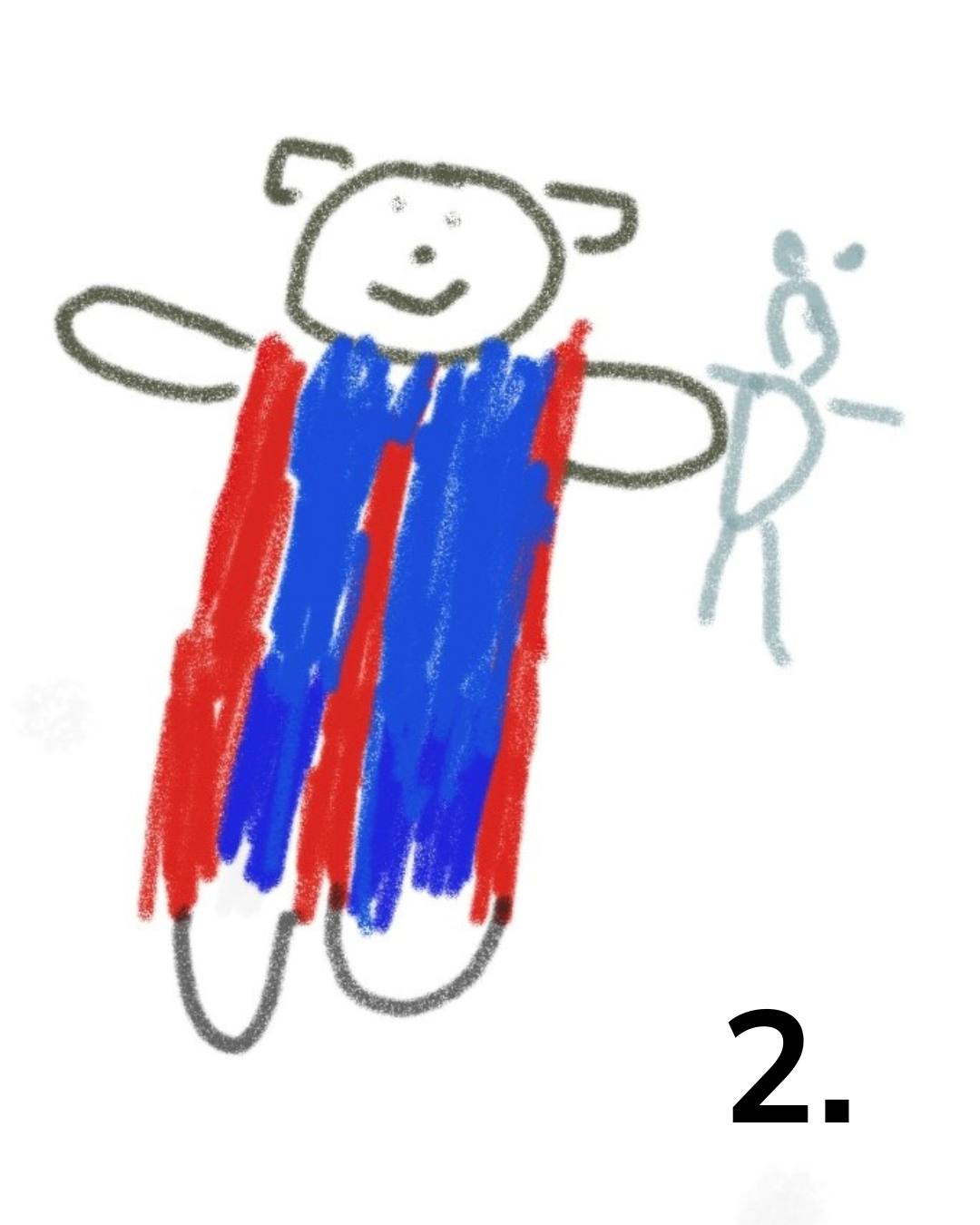 Dieser Alternativtext wurde KI-generiert: Eine kindliche Zeichnung zeigt eine Figur mit roten und blauen Streifen. Neben der Figur steht die Zahl Zwei.