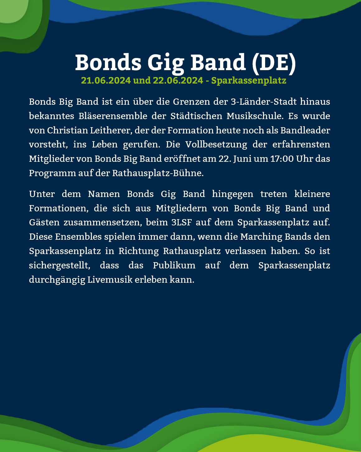 Ein Poster mit einem bunten Hintergrund wirbt mit einer Band-Veranstaltung auf dem Sparkassenplatz.
