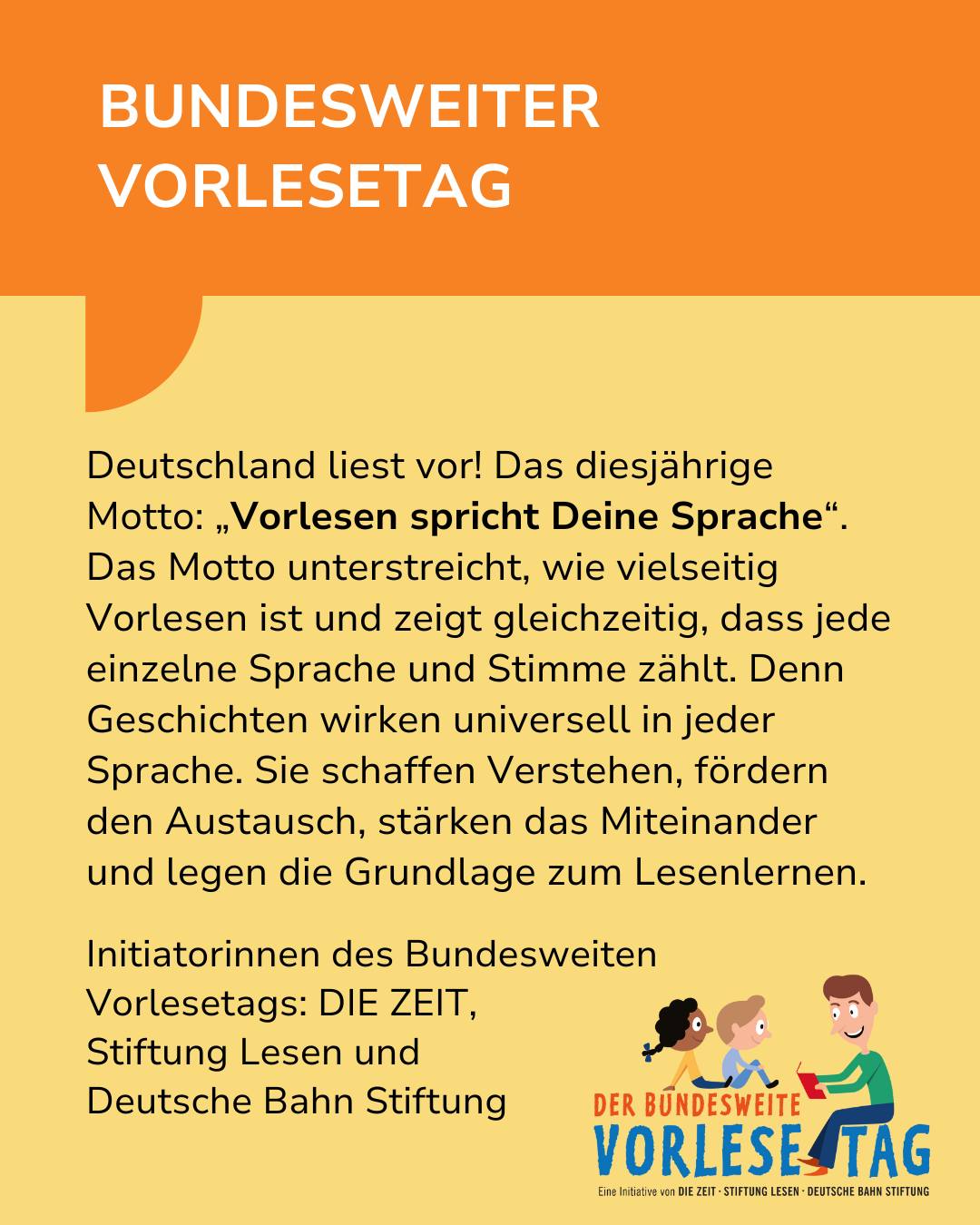 Dieser Alternativtext wurde KI-generiert: Ein Werbeplakat in Gelb- und Blautönen mit Text zum bundesweiten Vorlesetag. Es betont die Bedeutung des Vorlesens in verschiedenen Sprachen und das Fördern des Austauschs.