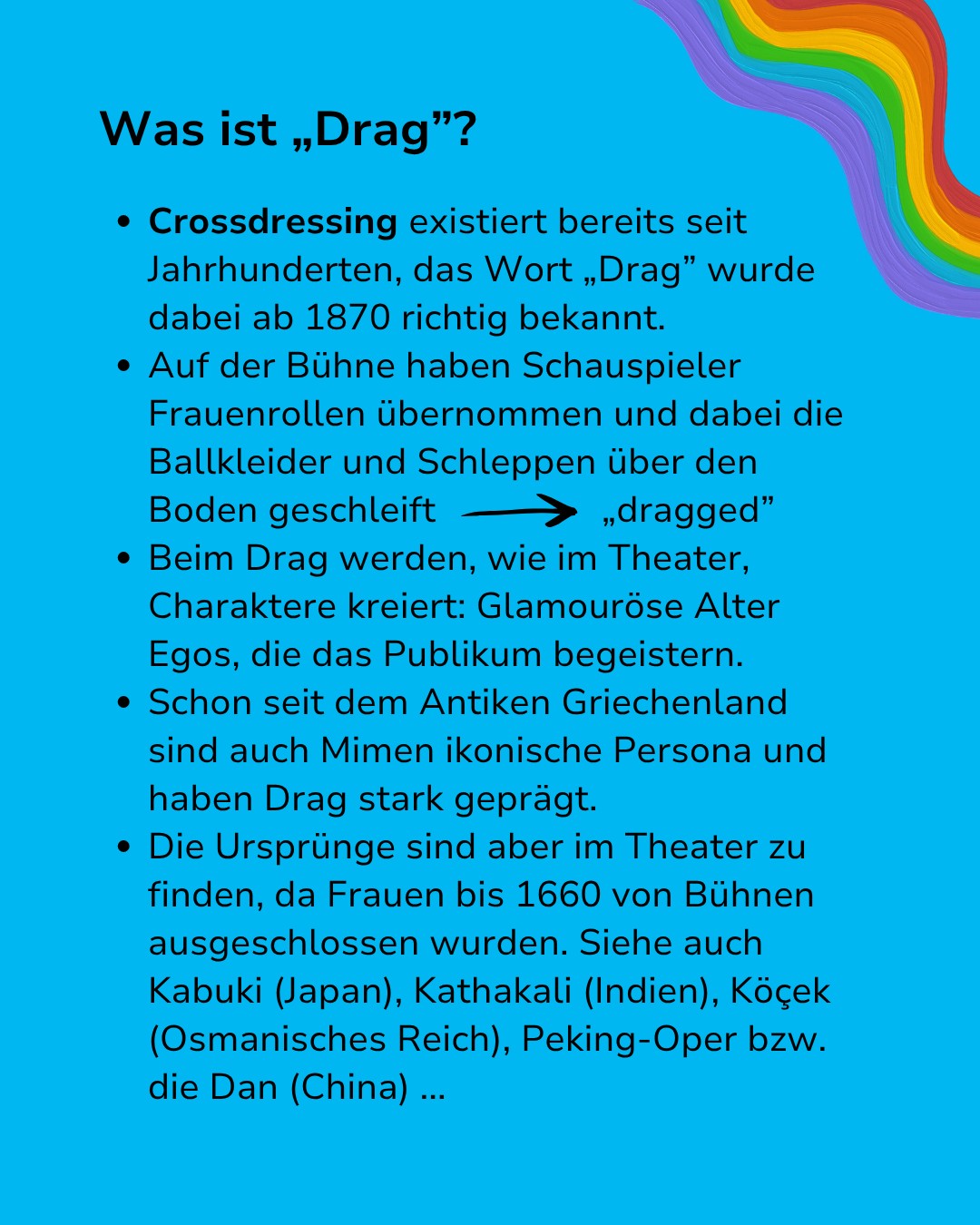Infografik auf blauem Hintergrund mit dem Titel „Was ist ‚Drag’?“ und einem dekorativen Regenbogen oben rechts. Der Text erläutert die Herkunft des Begriffs aus dem Theater, wo Schauspieler Frauenrollen übernahmen und Kleider am Boden schleppten, sowie die Schaffung glamouröser Charaktere. Zudem werden historische Wurzeln bei antiken Mimen und Theatertraditionen wie Kabuki, Kathakali, Köçek und Peking-Oper erwähnt. (KI-Alternativtext)