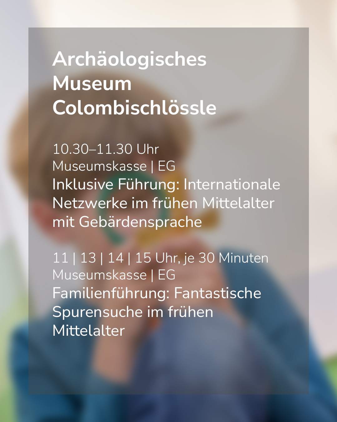 Dieser Alternativtext wurde KI-generiert: Ein unscharfes Bild zeigt einen Textblock vor einem blauen Hintergrund. Der Text informiert über Öffnungszeiten und Führungen in einem archäologischen Museum.
