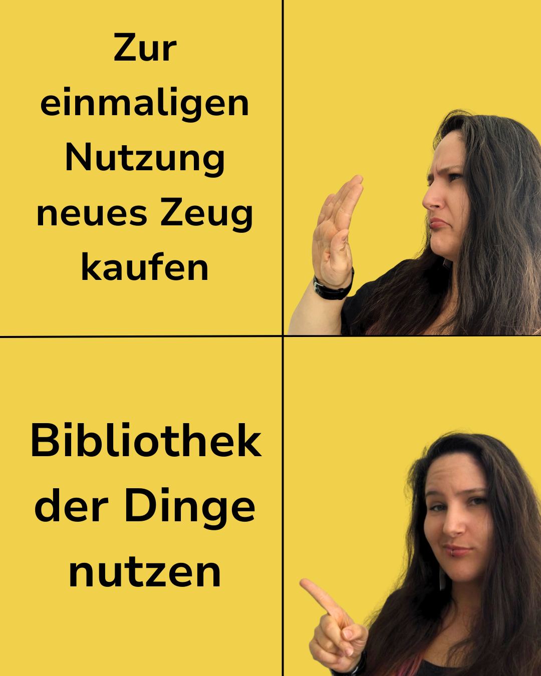Dieser Alternativtext wurde KI-generiert: Ein Bild im Meme-Format mit gelbem Hintergrund und schwarzer Schrift. Es zeigt zwei Bildausschnitte mit einer Person, die jeweils eine Geste macht und auf Text hinweist.