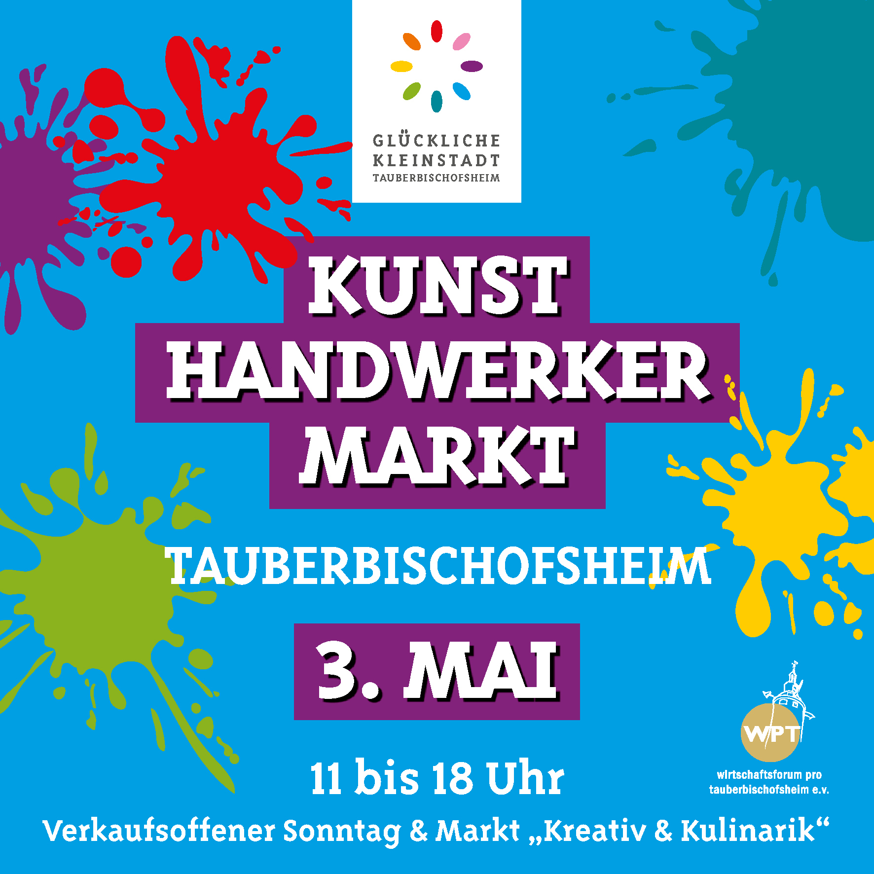 Dieser Alternativtext wurde KI-generiert: Ein farbenfrohes Plakat kündigt einen Kunsthandwerkermarkt an. Es enthält Informationen zu Datum, Uhrzeit und Ort der Veranstaltung.