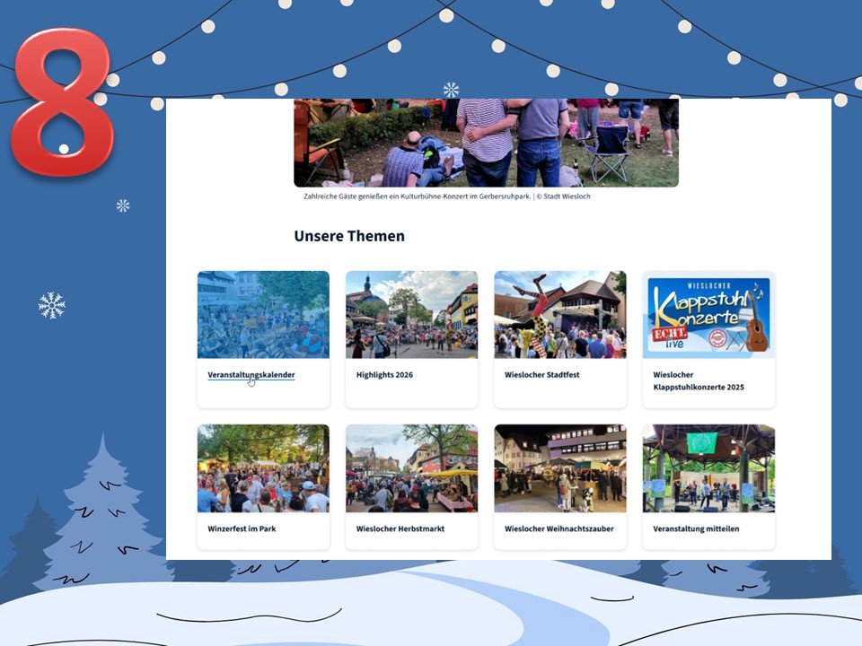 Dieser Alternativtext wurde KI-generiert: Eine Collage aus verschiedenen Bildern, die Veranstaltungen und Ansichten einer Stadt zeigen. Die Farbpalette ist überwiegend blau und weiß, mit Akzenten von anderen Farben.