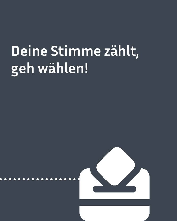 Dieser Alternativtext wurde KI-generiert: Ein dunkler Hintergrund mit weißem Text, der zum Wählen auffordert. Darunter befindet sich ein weißes Symbol, das an eine Wahlurne erinnert, über einer Reihe von Punkten.