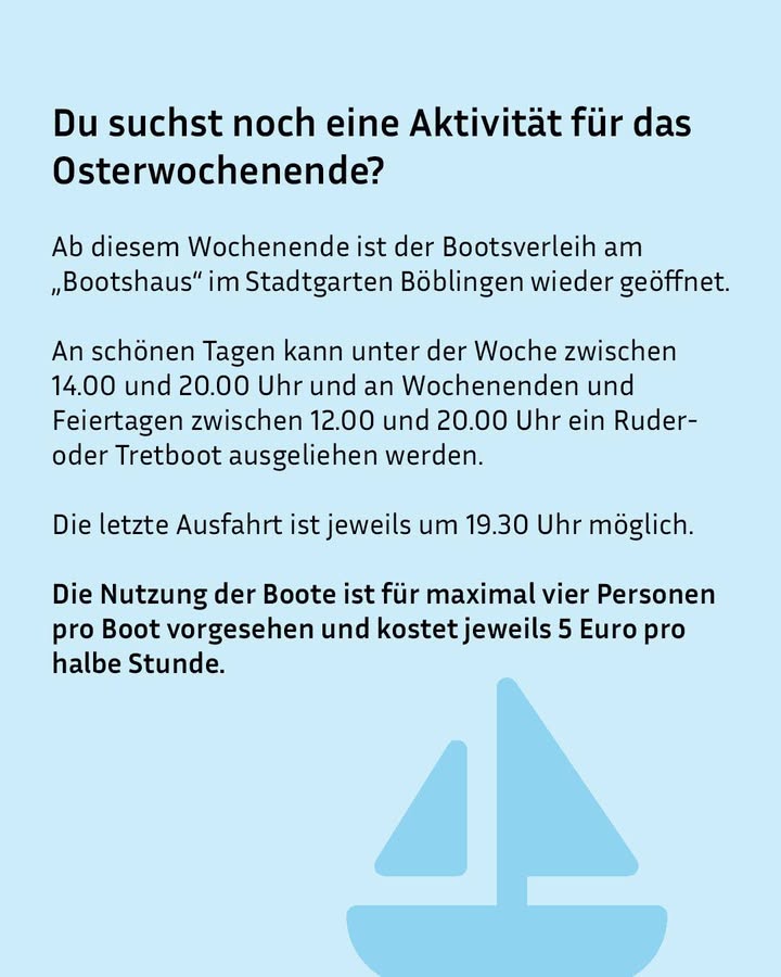 Dieser Alternativtext wurde KI-generiert: Ein farbenfrohes Bild mit Text, der Informationen über Bootsverleih während des Osterwochenendes und darüber hinaus enthält. Unten befindet sich ein blaues Dreieckssymbol.