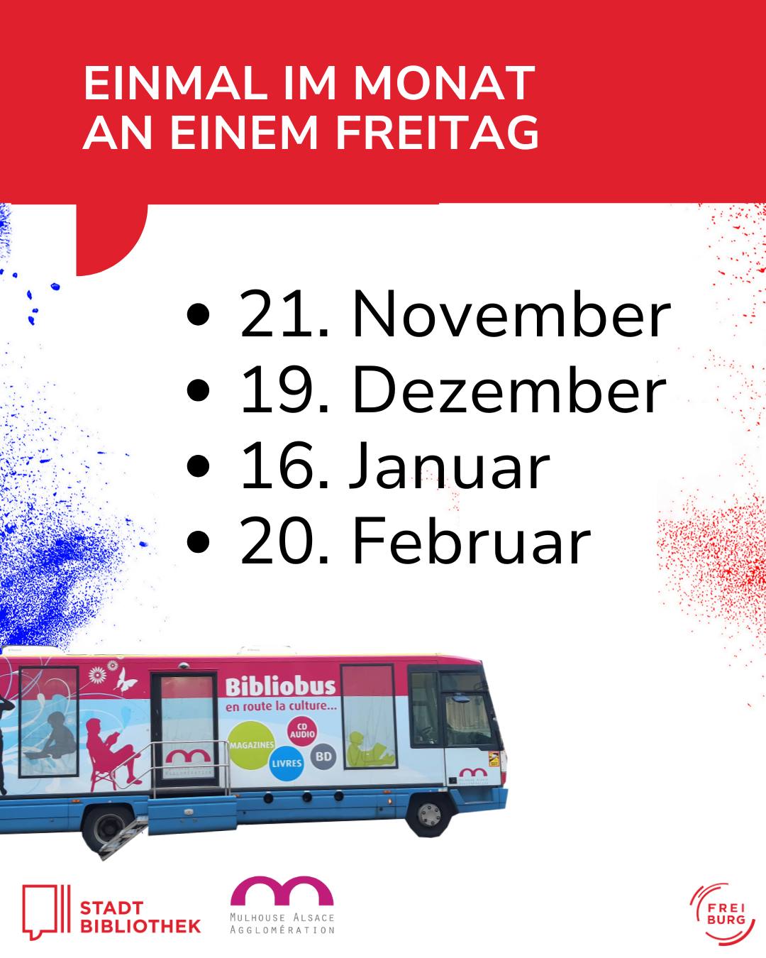 Dieser Alternativtext wurde KI-generiert: Ein farbiges Plakat kündigt Termine an. Darunter ist ein Fahrzeug mit der Aufschrift "Bibliobus" abgebildet.