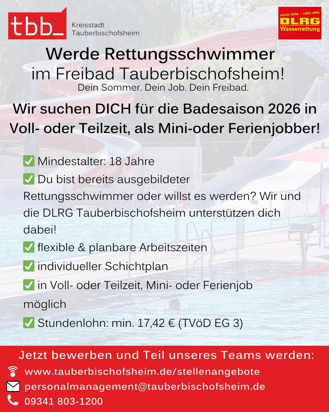 Dieser Alternativtext wurde KI-generiert: Ein farbenfrohes Plakat wirbt für Rettungsschwimmerjobs im Freibad. Es enthält Informationen zu Anforderungen, Arbeitszeiten und Bewerbungsmöglichkeiten.
