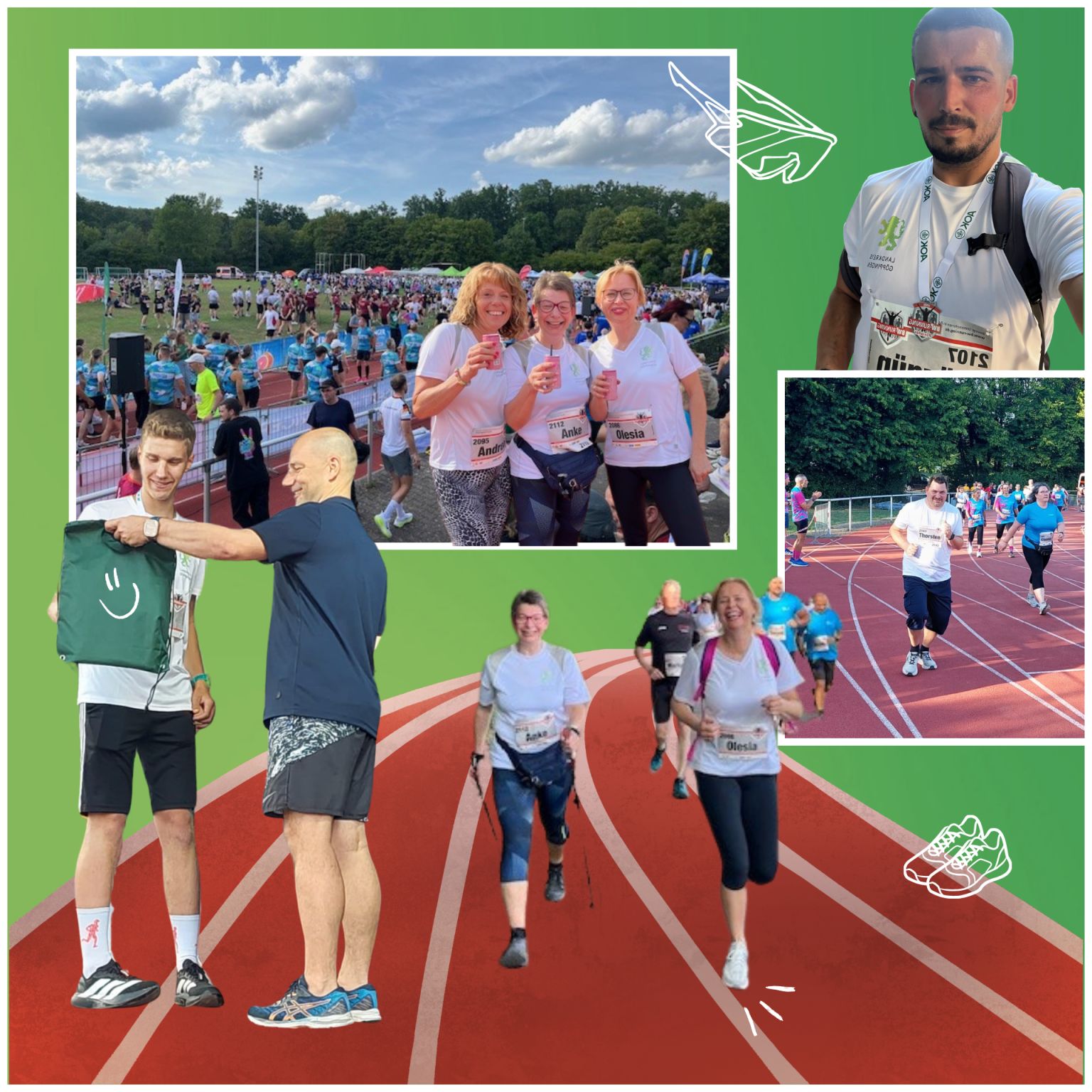 Eine Collage aus Fotos eines Laufevents auf grünem Hintergrund mit weißen Linienzeichnungen und einer roten Laufbahn im Vordergrund. Oben links stehen drei Personen in weißen Trikots mit Startnummern und halten rosa Becher vor einer großen Menschenmenge, während rechts weitere Läufer auf der Bahn und ein Selfie eines Teilnehmers zu sehen sind. Unten links übergibt eine Person in Blau einer anderen eine grüne Tasche mit Smiley, während unten mittig zwei Läufer in weißen Trikots auf der roten Bahn auf die Kamera zulaufen. (KI-Alternativtext)