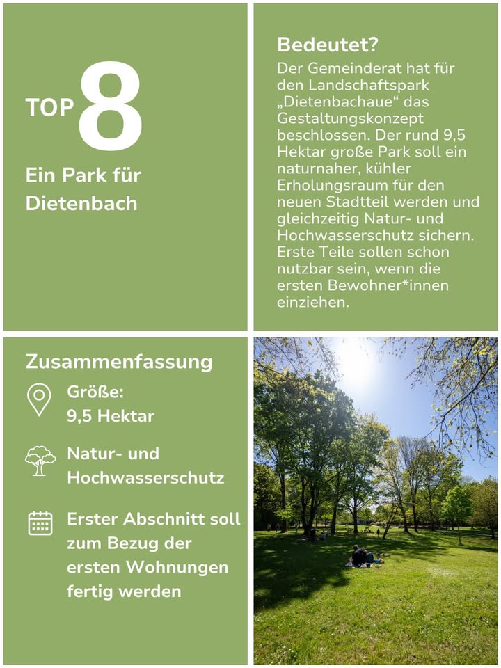 Dieser Alternativtext wurde KI-generiert: Farbiges Werbeplakat mit Text über ein neues Parkprojekt und Wohnungsbaugebiet. Im Hintergrund ist eine grüne Landschaft mit Bäumen und einer Wiese zu sehen.