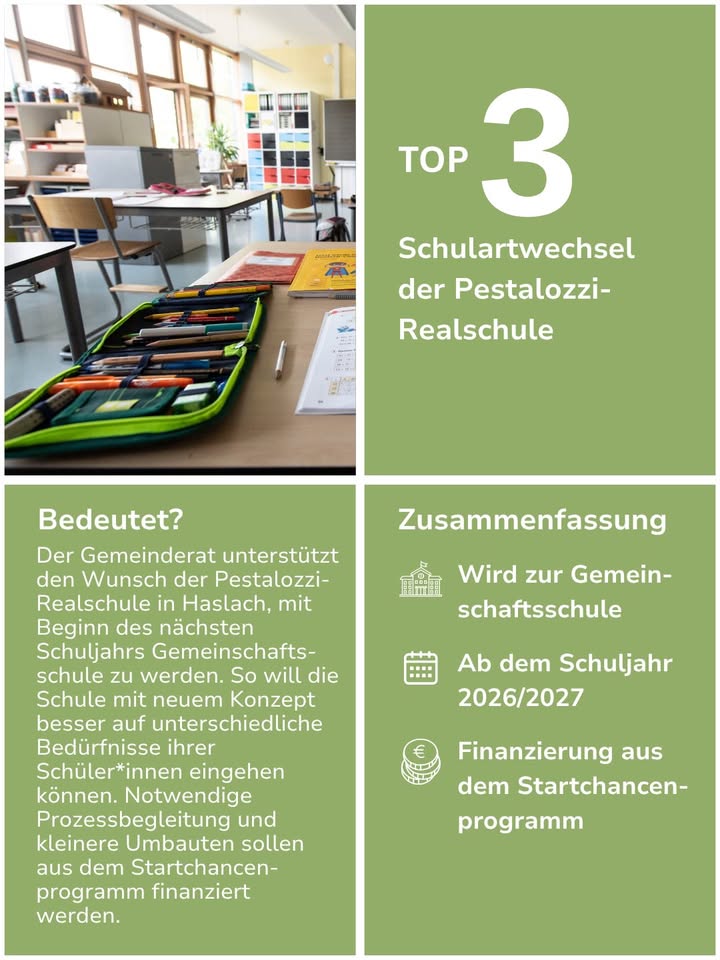 Dieser Alternativtext wurde KI-generiert: Ein farbiges Bild zeigt einen Blick in einen Klassenraum und informative Textfelder. Die Gestaltung ist modern und verwendet eine grüne und gelbe Farbpalette.