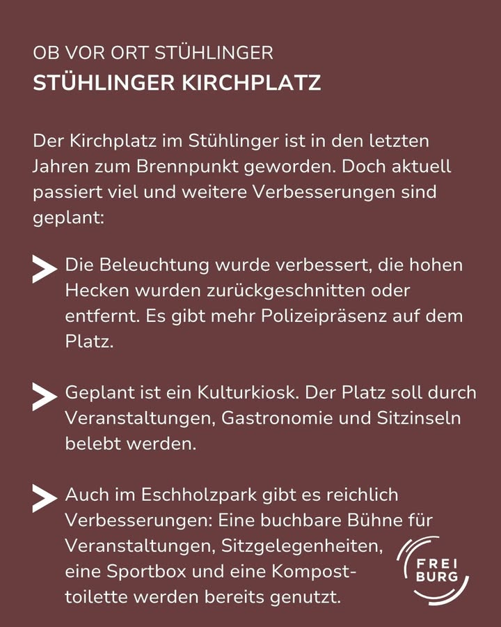 Der Text beschreibt Verbesserungen an einem Platz und einem Park, inklusive Beleuchtung, Grünflächen und neuer Infrastruktur.  Es werden geplante und bereits umgesetzte Veränderungen genannt.