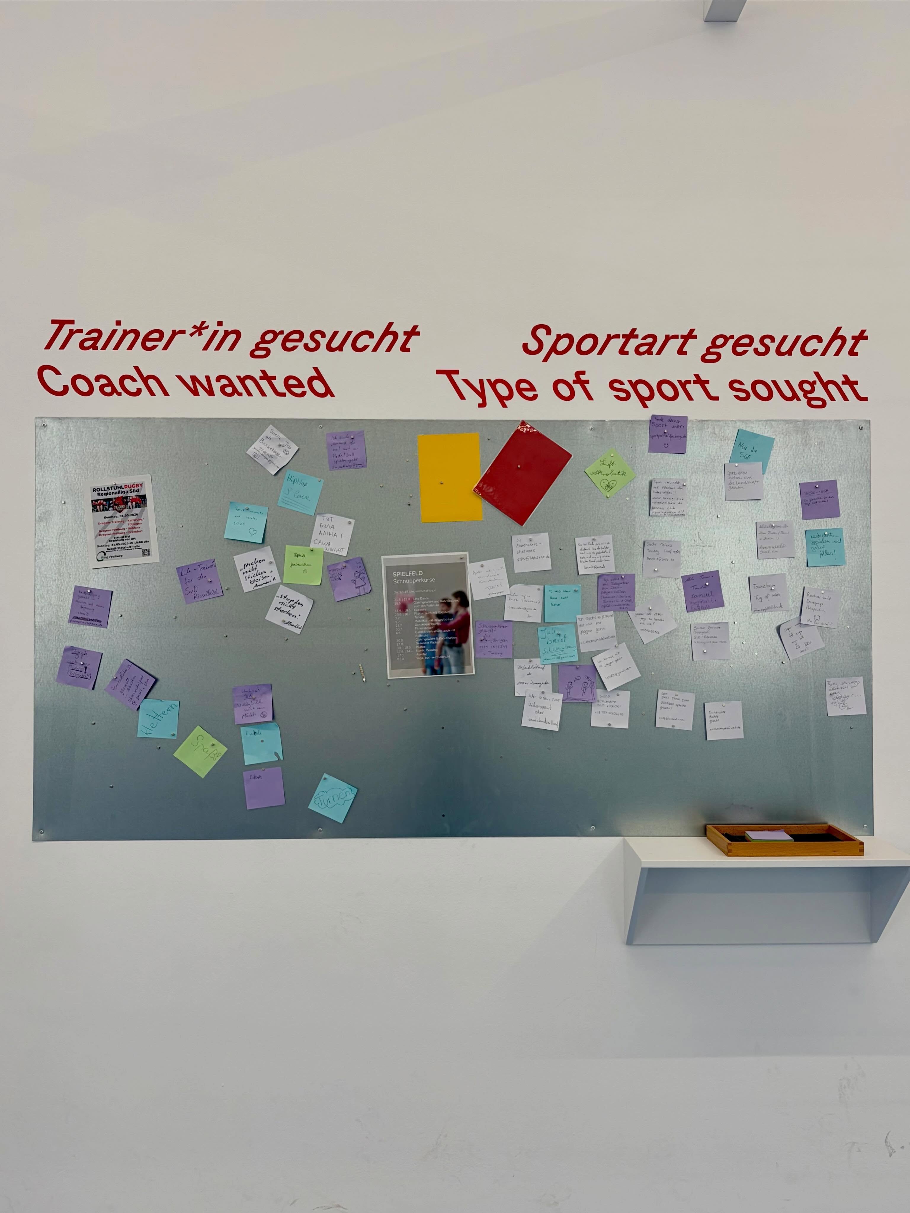 An einer Wand hängt eine Pinnwand mit vielen bunten Zetteln und zwei Flyern, darüber die roten Überschriften „Trainer*in gesucht / Coach wanted“ und „Sportart gesucht / Type of sport sought“. Rechts unten steht ein kleines Regal mit einem Holzkästchen. (KI-Alternativtext)