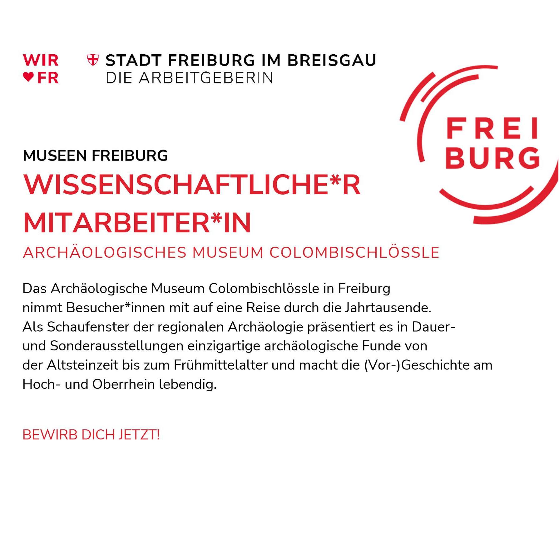 Dieser Alternativtext wurde KI-generiert: Schwarzes und weißes Bild mit rotem Logo und Text. Der Text bewirbt Stellenangebote im Archäologischen Museum Colombischlössle in Freiburg.