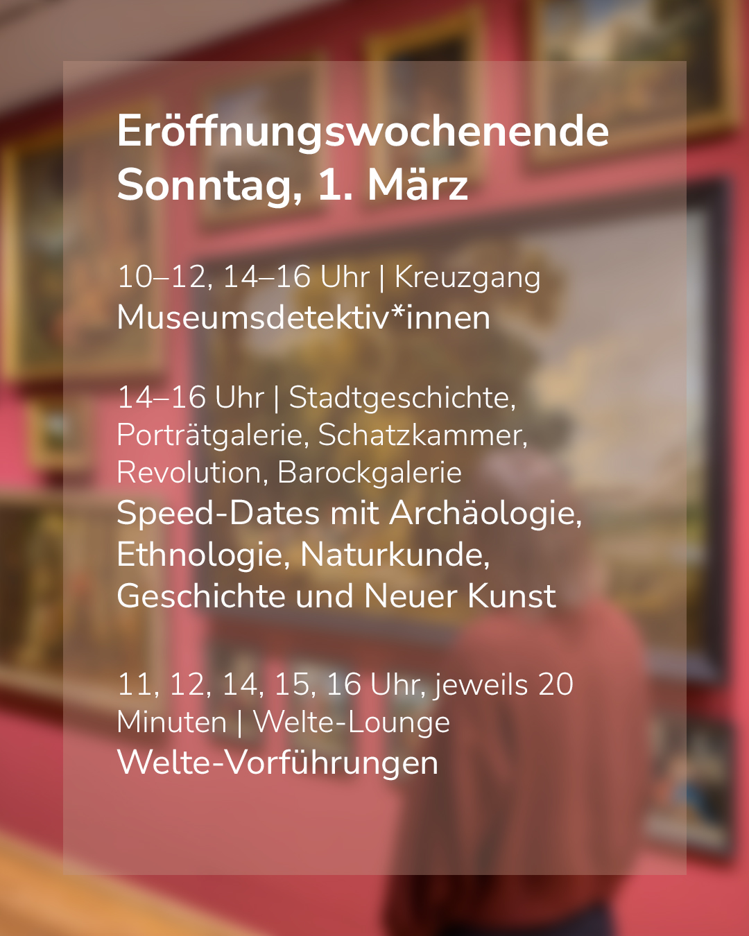 Dieser Alternativtext wurde KI-generiert: Ein unscharfes Foto zeigt einen Veranstaltungshinweis mit Informationen zu Terminen, Uhrzeiten und Orten. Der Hinweis ist vor einer verschwommenen Hintergrundstruktur platziert.