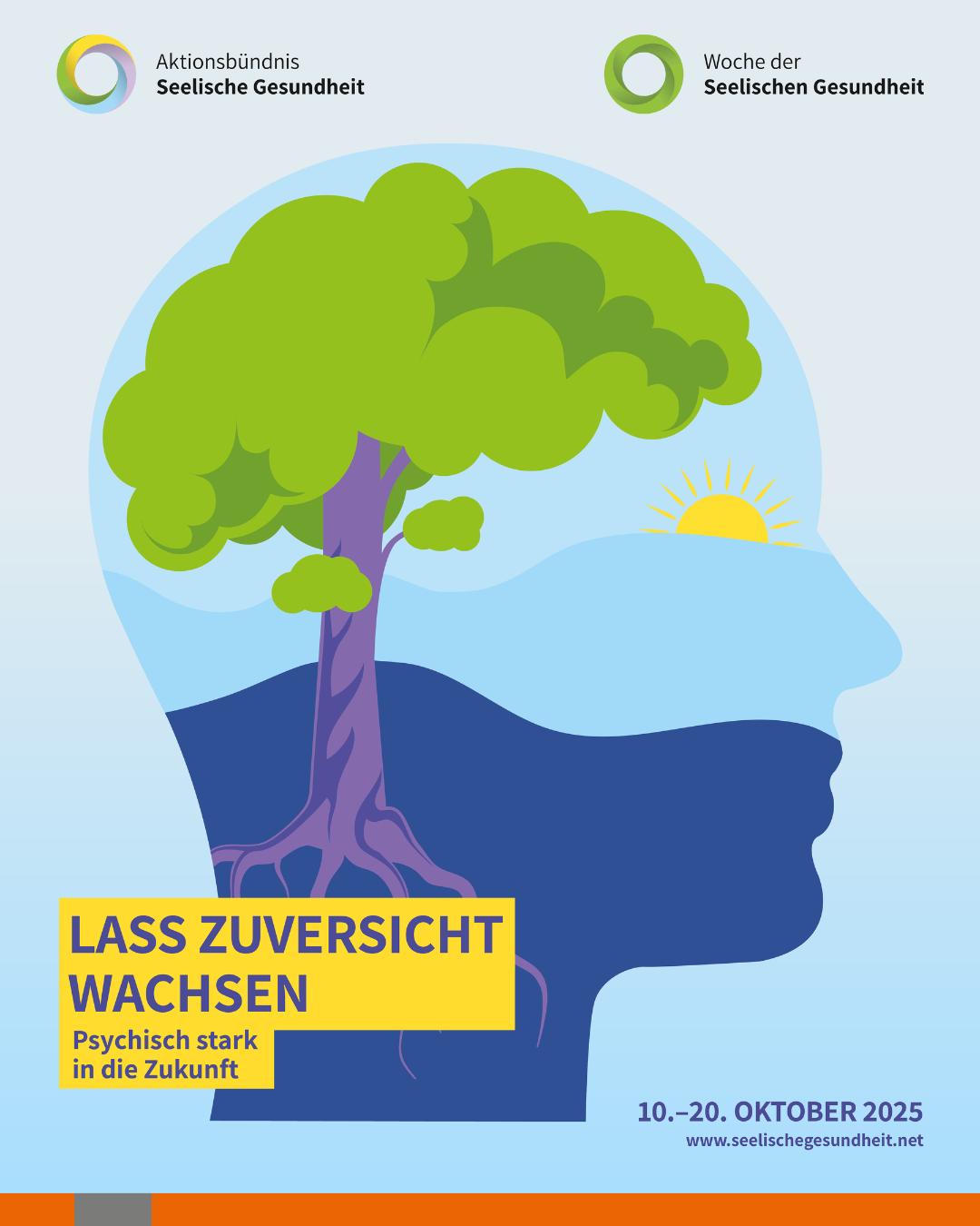 Dieser Alternativtext wurde KI-generiert: Ein farbiges Plakat zeigt einen Baum auf dem Profil einer Person. Darunter steht ein Slogan und ein Datumsbereich.