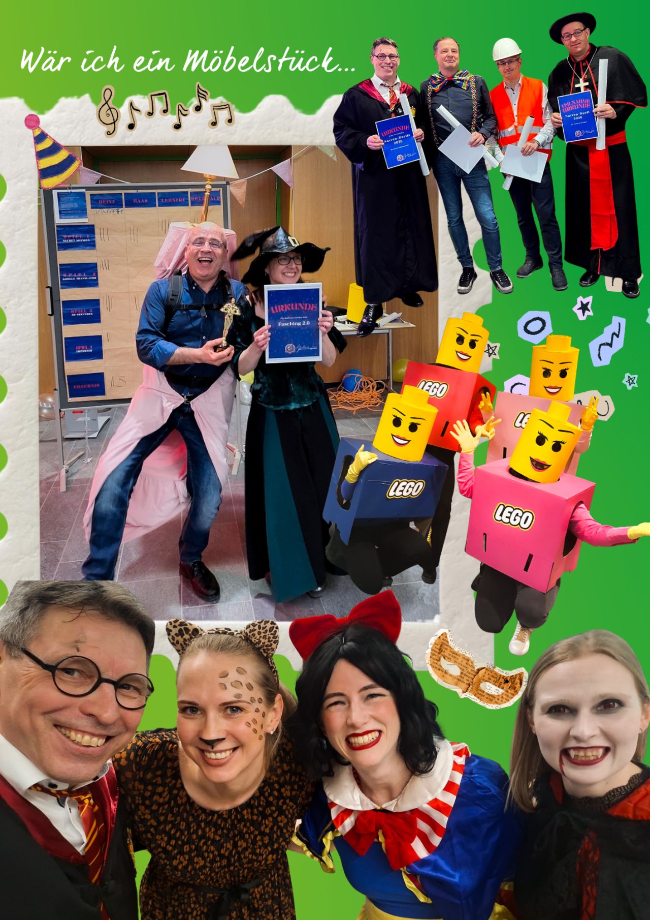 Dieser Alternativtext wurde KI-generiert: Eine Collage mit vielen verschiedenen Bildern, darunter Personen in Kostümen, Kartonkonstruktionen und Porträts. Das Bild ist bunt und enthält spielerische Elemente wie Musiknoten und Sterne.