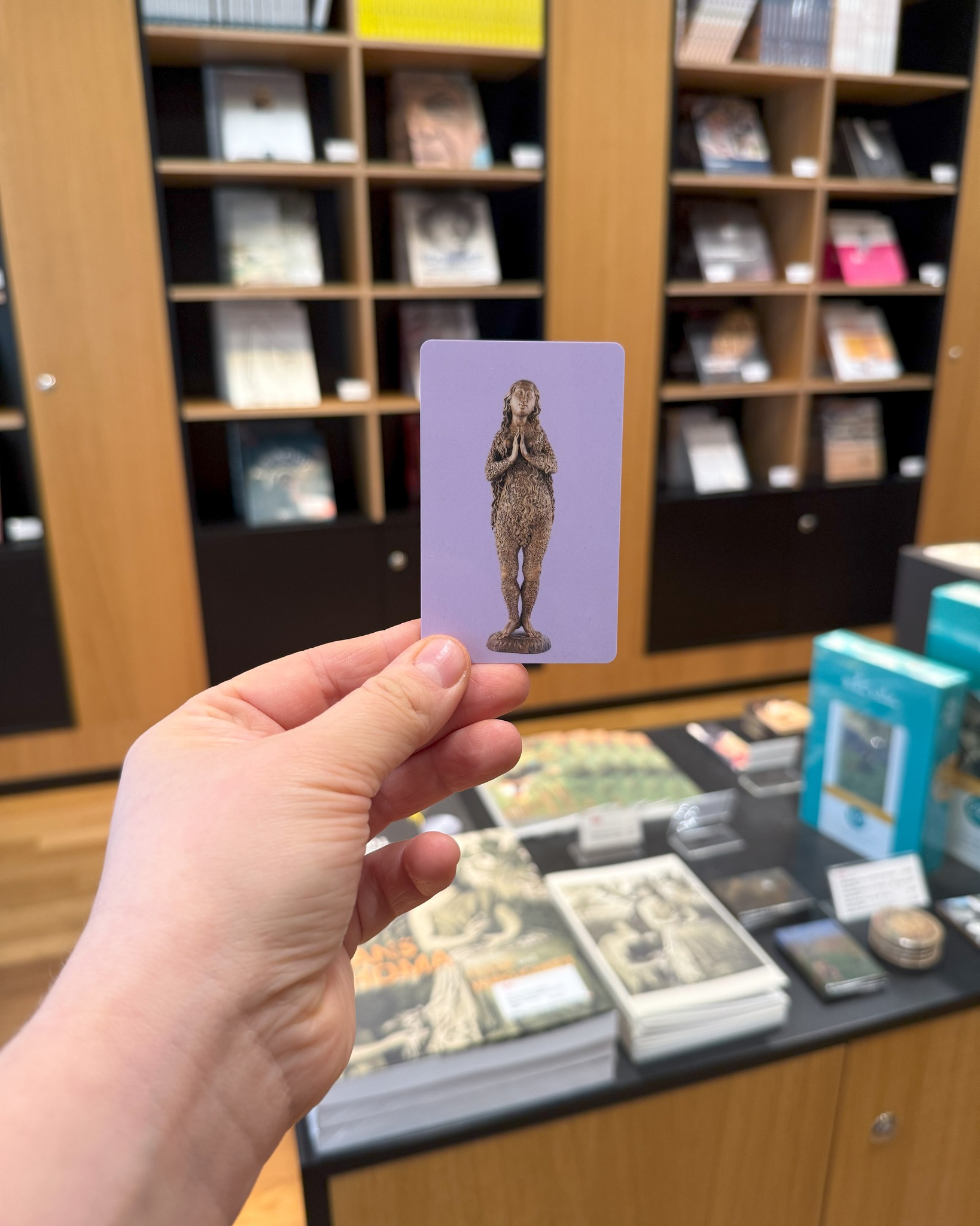 Dieser Alternativtext wurde KI-generiert: Eine Hand hält eine Karte mit einer Figur darauf vor einem Bücherregal. Im Hintergrund sind Bücher und andere Gegenstände in einem Geschäft zu sehen.