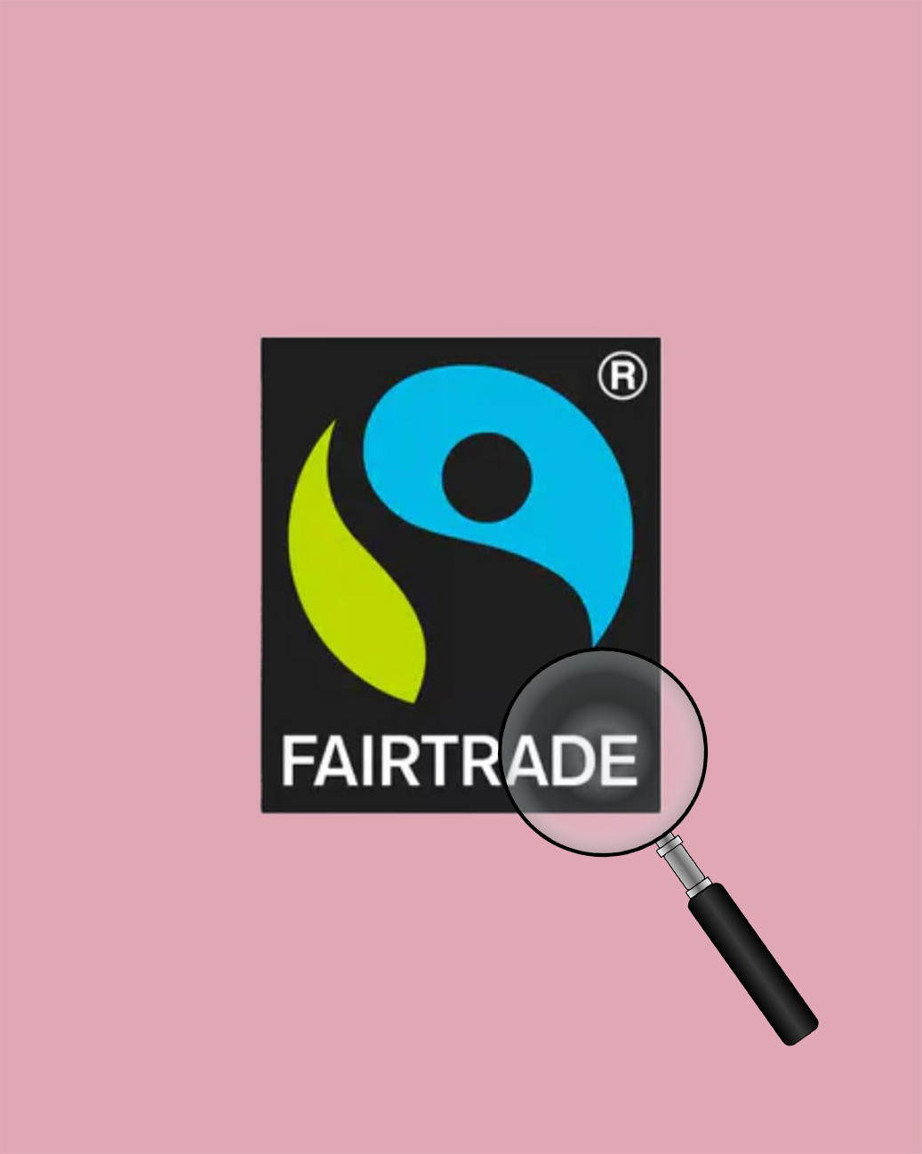 Das schwarze Fairtrade-Logo mit blauer Figur und grünem Blatt steht auf rosaem Hintergrund. Eine Lupe vergrößert den weißen Schriftzug "FAIRTRADE". (KI-Alternativtext)