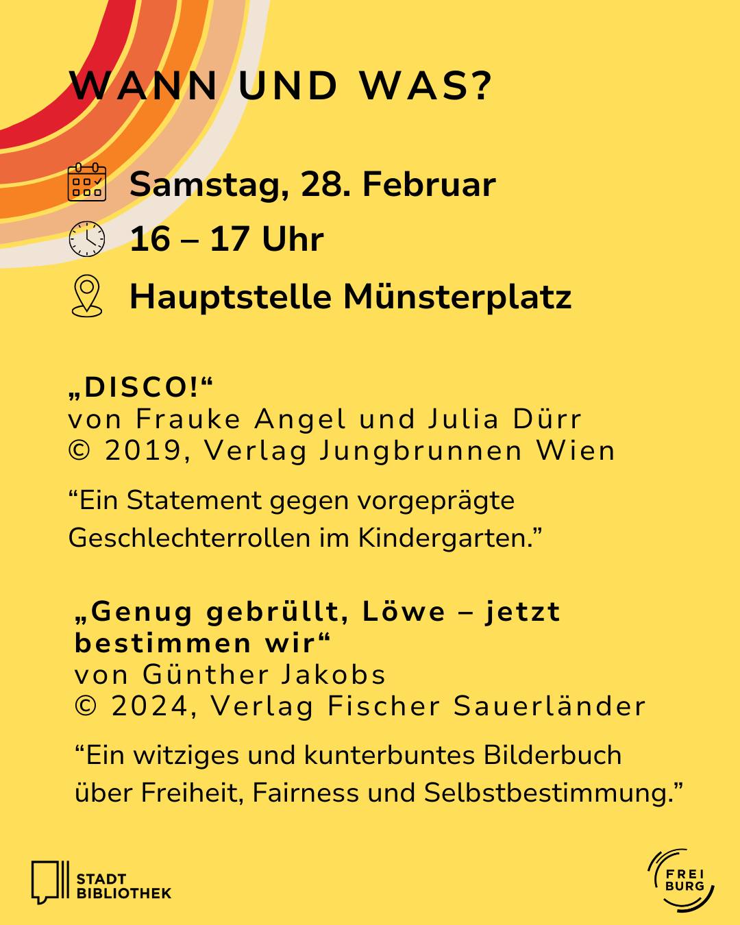 Dieser Alternativtext wurde KI-generiert: Farbiger Flyer mit Informationen zu einer Veranstaltung. Es sind Datum, Uhrzeit und Ort sowie Titel und kurze Beschreibungen von Büchern aufgeführt.