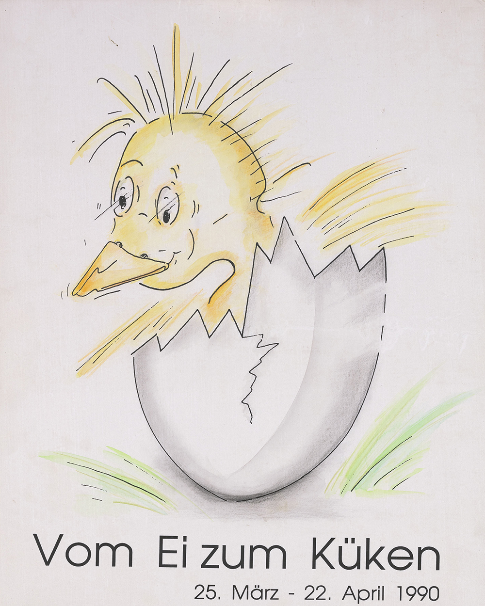 Dieser Alternativtext wurde KI-generiert: Ein handgezeichnetes Bild zeigt ein gelbes Wesen, das gerade aus einem Ei schlüpft. Darunter steht ein Text, der den Zeitraum vom 25. März bis zum 22. April 1990 angibt.