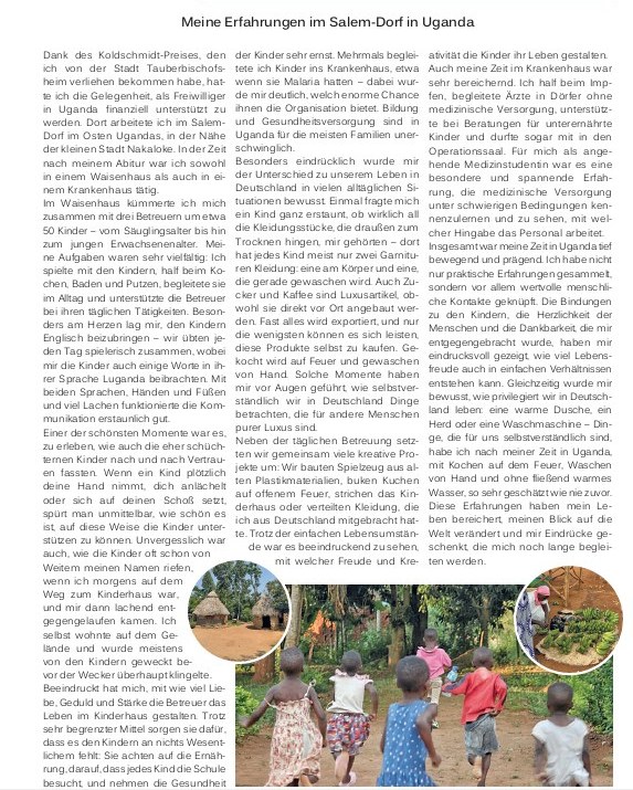 Dieser Alternativtext wurde KI-generiert: Schwarz-Weiß-Foto einer Textseite. Der Text beschreibt Erfahrungen im Zusammenhang mit medizinischer Arbeit und humanitärer Hilfe in Uganda.