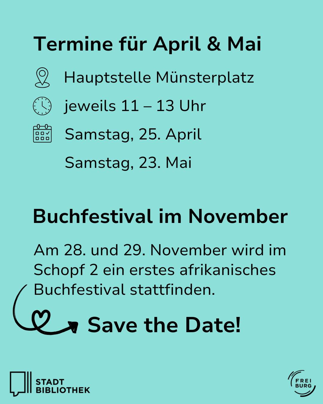Dieser Alternativtext wurde KI-generiert: Ein farbiges Plakat mit Informationen zu Terminen und einem Buchfestival. Es enthält Daten, Uhrzeiten und Ortsangaben, sowie einen Hinweis zum Speichern des Datums.