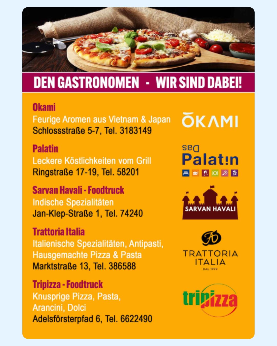 Oben eine Pizza mit Tomaten und Basilikum auf Holzbrett, daneben Zutaten und Pizzaschneider. Darunter gelber Bereich mit der Überschrift „DEN GASTRONOMEN – WIR SIND DABEI!“ und einer Liste von fünf Restaurants mit Namen, Spezialitäten, Adresse und Telefonnummer sowie jeweiligem Logo rechts daneben. (KI-Alternativtext)