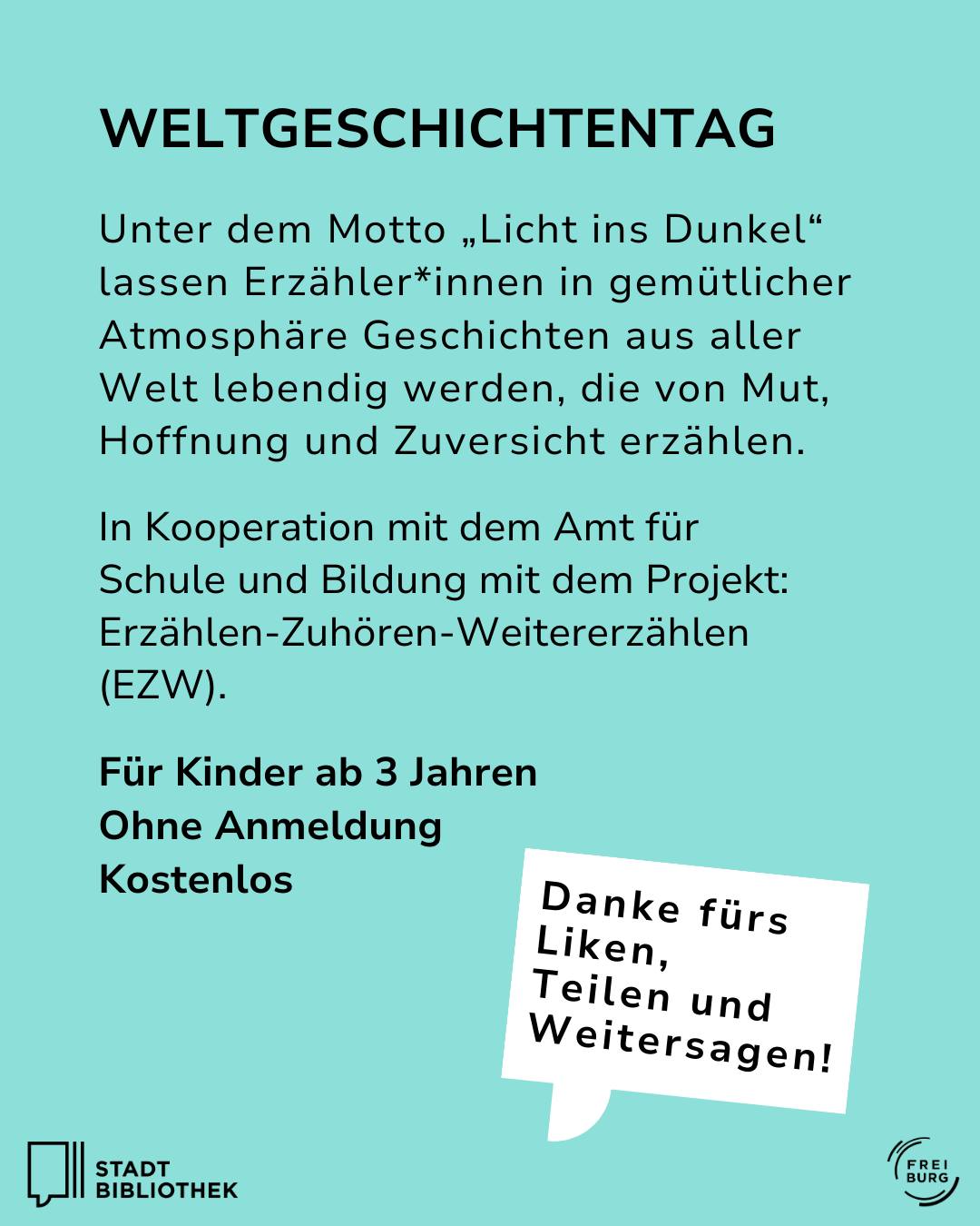 Dieser Alternativtext wurde KI-generiert: Ein Werbeflyer in hellen Farbtönen kündigt eine kostenlose Veranstaltung zum Welttag des Geschichtenerzählens für Kinder ab drei Jahren an. Der Flyer enthält Textinformationen zu Thema, Veranstalter und weiteren Details.