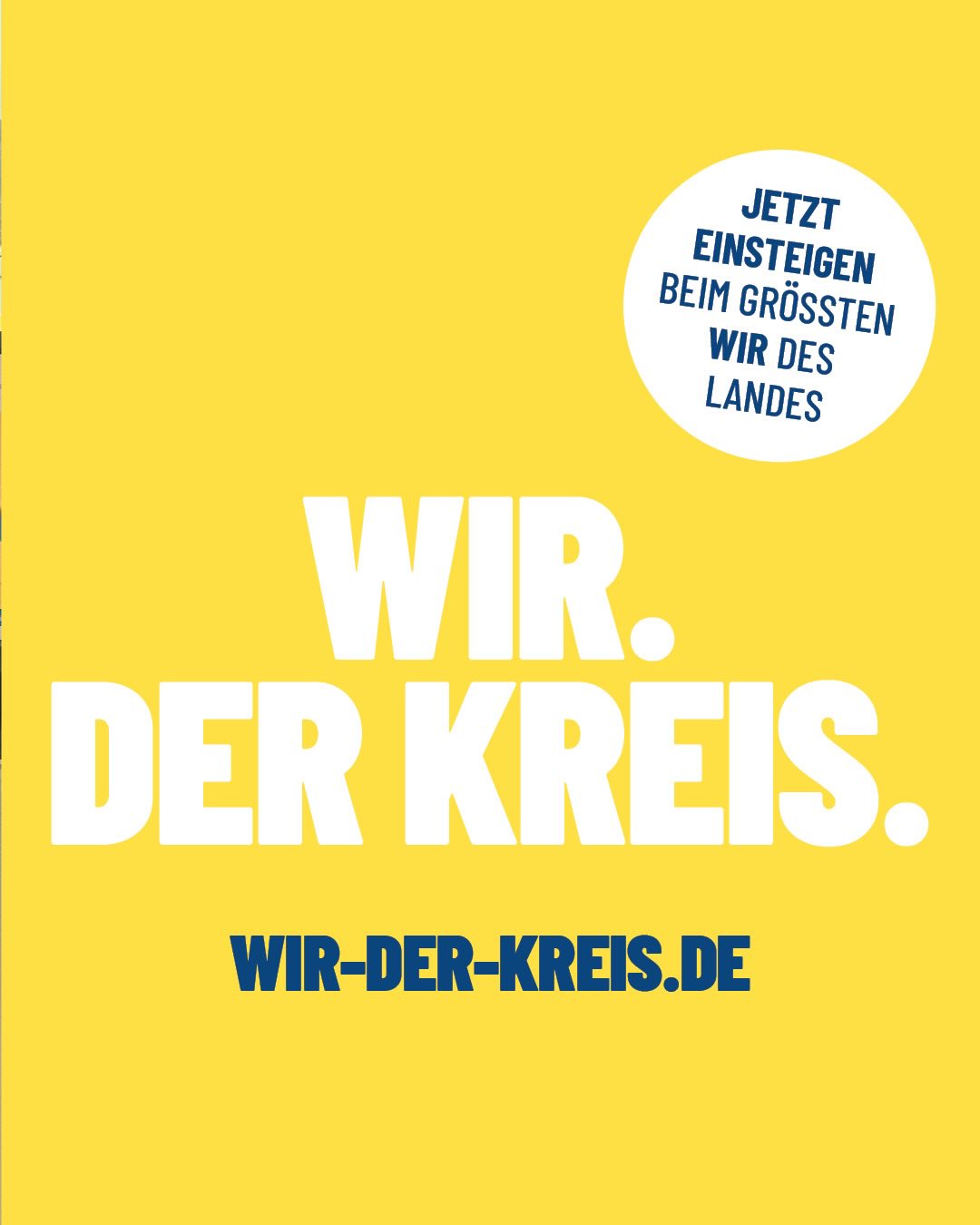 Dieser Alternativtext wurde KI-generiert: Gelber Hintergrund mit großem weißen Text und einem Link. Der Text fordert zum Beitritt auf und betont die Stärke einer Gemeinschaft.